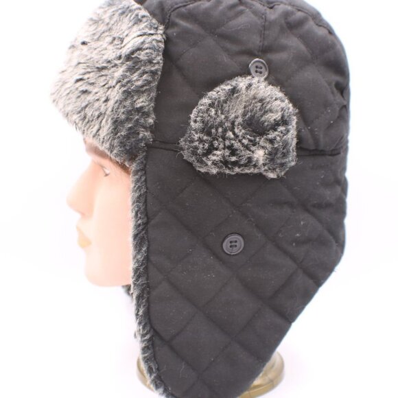Carbon Elements Black Quilted Faux Fur Trapper Hat Buckle Strap Closure OSFM - Picture 10 of 10